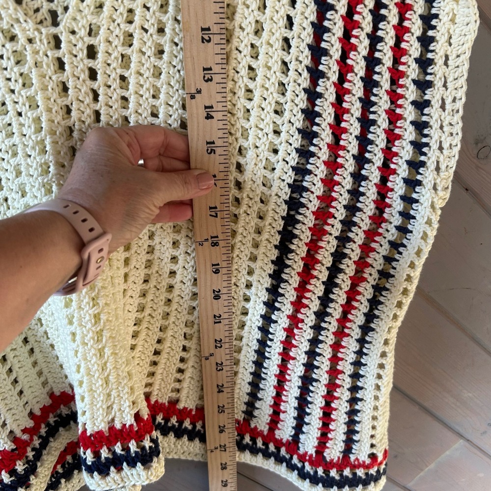 Handmade Crochet Picnic Poncho Cream Red Navy Blue Striped Open Knit V-Neck OS - Picture 4 of 4